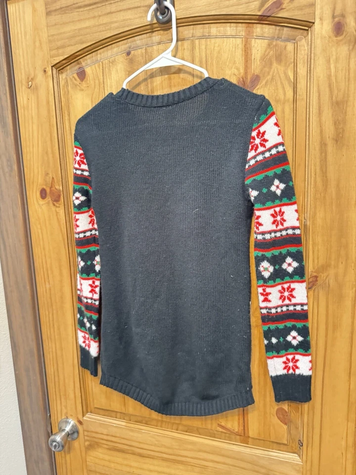 No Boundaries Women’s Christmas Sweater Santa On A Unicorn Striped Size S - Image 2 of 3