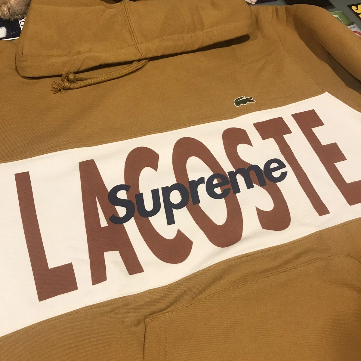 Supreme Lacoste Logo Panel Hooded Sweatshirt Gold Large New