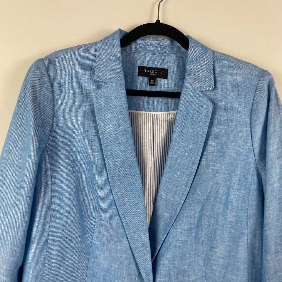Talbots Linen Blazer Jacket Size 16P Solid Blue One-Button Lined - Image 2 of 4
