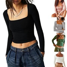 Womens Casual Long Sleeve T-Shirts Spring Autumn Solid Slim Fit Pullovers Tops