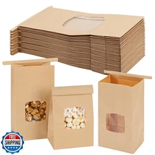 Moretoes 100pcs Small Bakery Cookie Bags with Window, Brown Kraft Paper Bags 