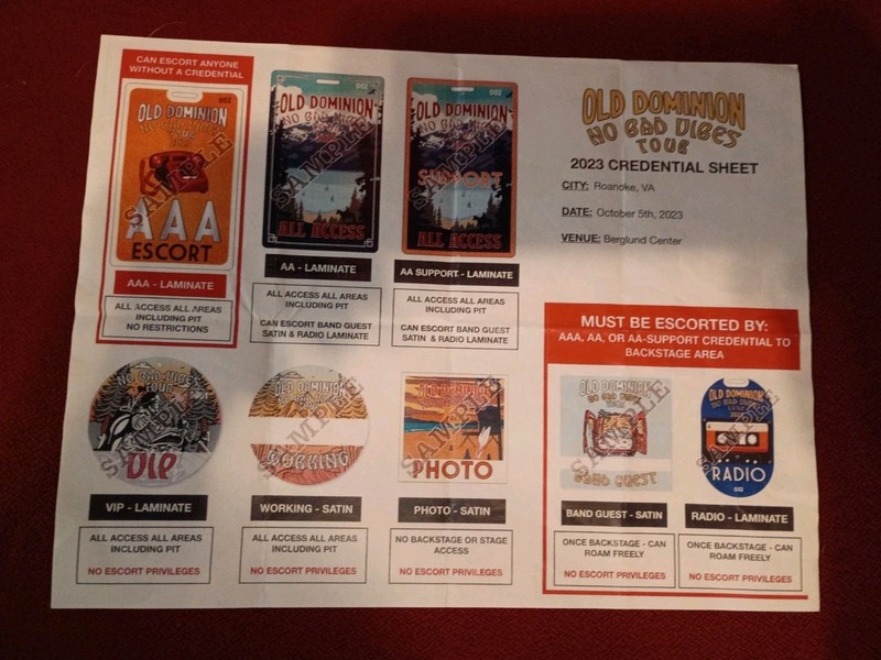 Old Dominion No Bad Vibes 2023 Credential Sheet Backstage Pass Sheet Salem VA