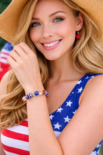 RED White Blue Bracelet American Flag USA Patriotic Beaded Stretch Women