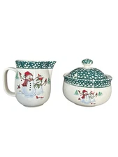 Thomson Pottery Winterland Green Snowmen Creamer and Lidded Sugar Bowl