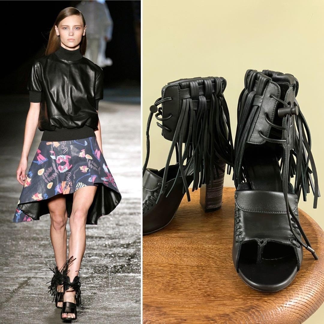 DIESEL BLACK GOLD Black Leather Fringe Chunky Heel Boots Sandals Size 37 Japan thumbnail 16