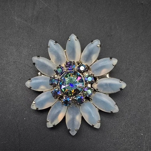 Blue Rhinestone Flower Brooch Vintage Costume Jewelry Glam