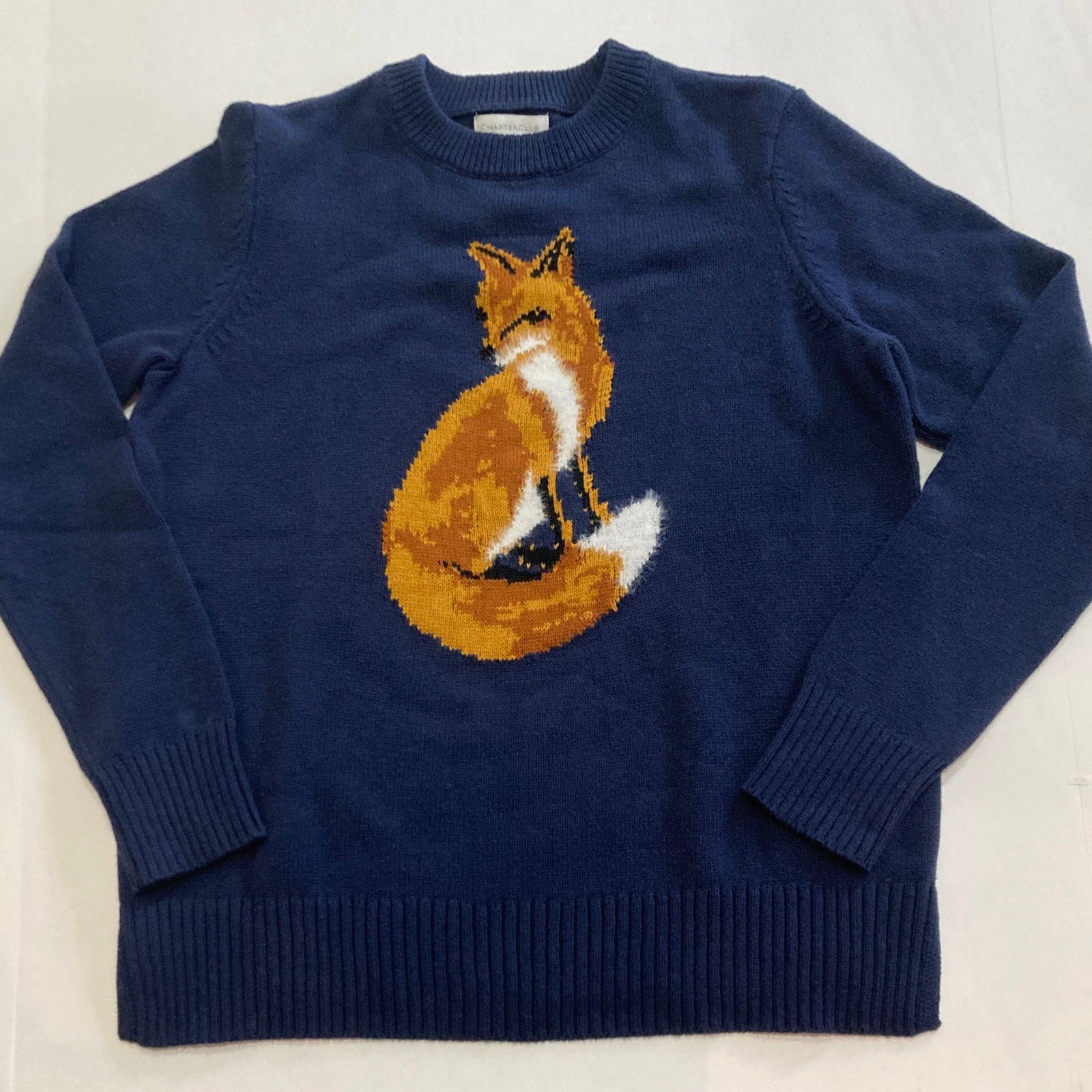 Charter Club Women's Navy Long Sleeve Sweater Knit Top With Fox Size Small