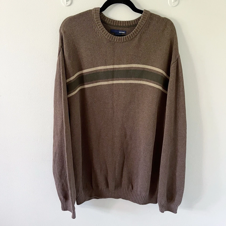 Vintage Brown Green Tan Striped Sweater Men XL Pullover Skater Surfer Grunge Y2K - Image 2 of 4