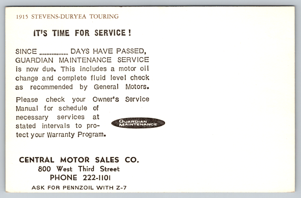 Postcard Auto 1915 Stevens Duryea Central Motor Sales Dayton Ohio ...