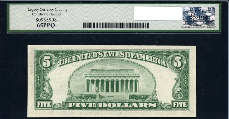 1935 C $5 Federal Reserve Note Chicago Fr 1959-GW Wide GB Block Legacy 65 PPG - Image 2 of 2