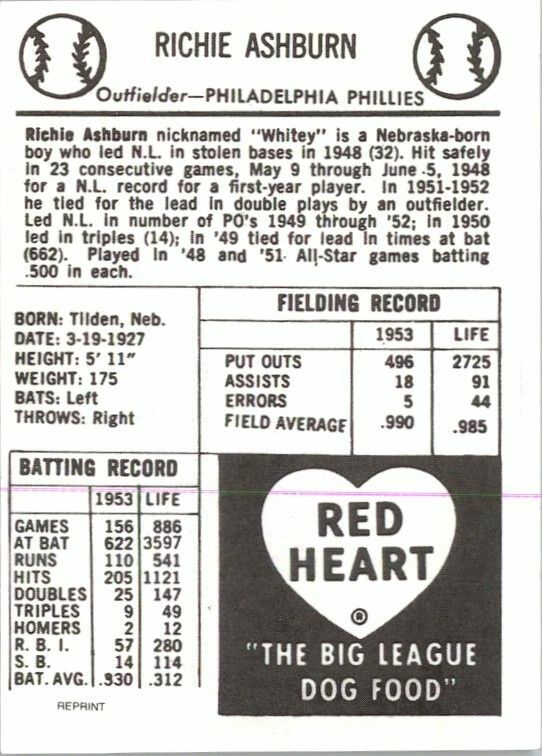 (50) RICHIE ASHBURN 1954 Red Heart Dog Food Card Reprints PHILLIES