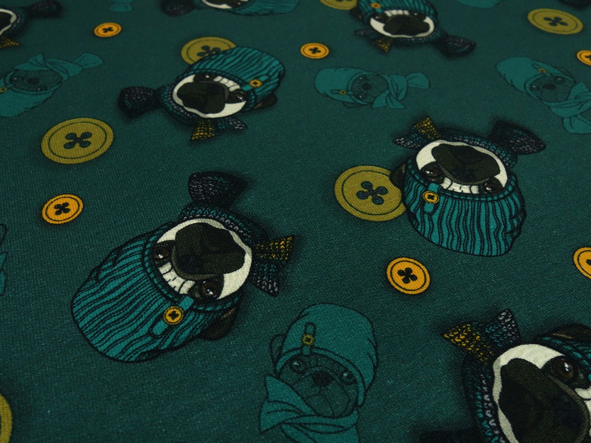 Stoff Baumwolle French Terry Hunde Bulldog Knöpfe grün curry braun