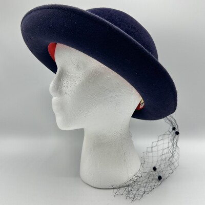 Vintage Georgi Navy Wool Felt Hat w/Grosgrain Ribbon & Net 