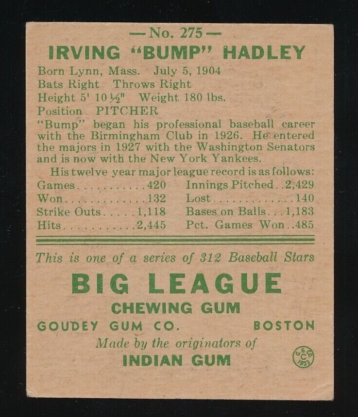 1938 Goudey HeadsUp Irving "Bump" Hadley 275 New York Yankees VGVG