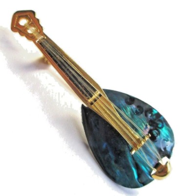Broche Vintage Mandoline En Nacre Bleue - Couleur Or, Bijou Rare, Occasion Très Belle