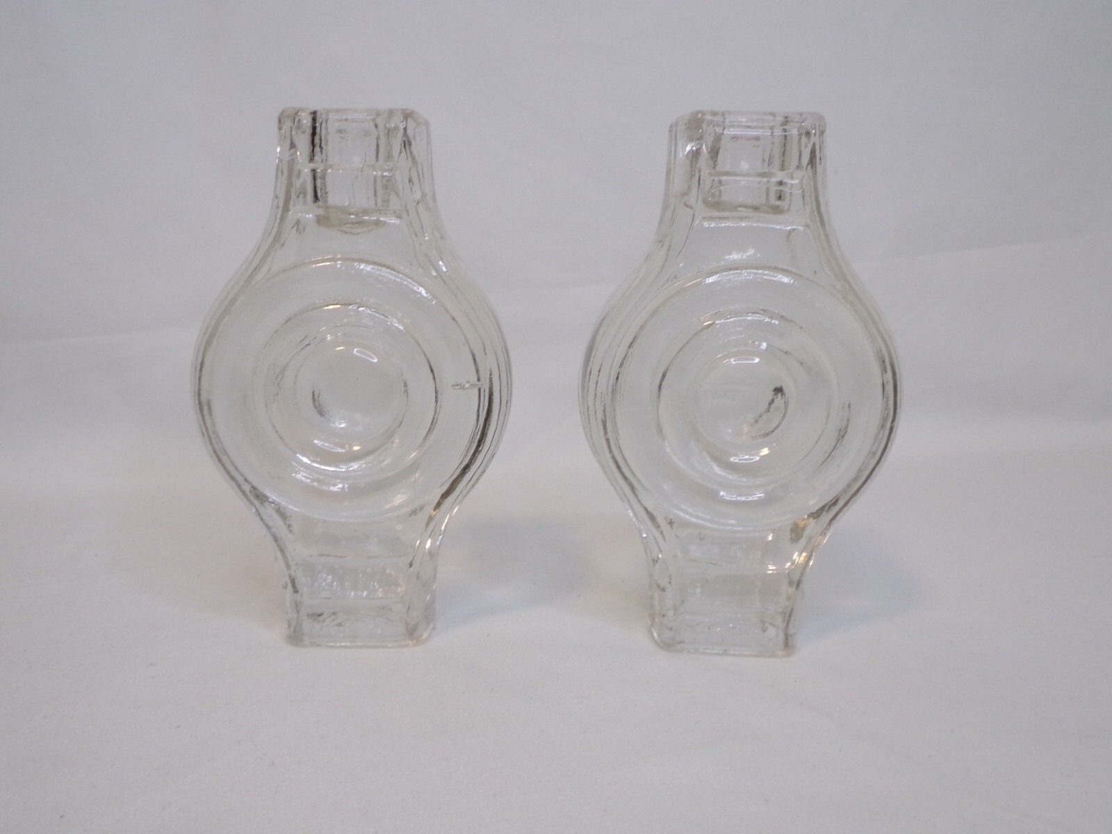 Rare Infinite Round Solid Glass Candle Stick Holders Pair