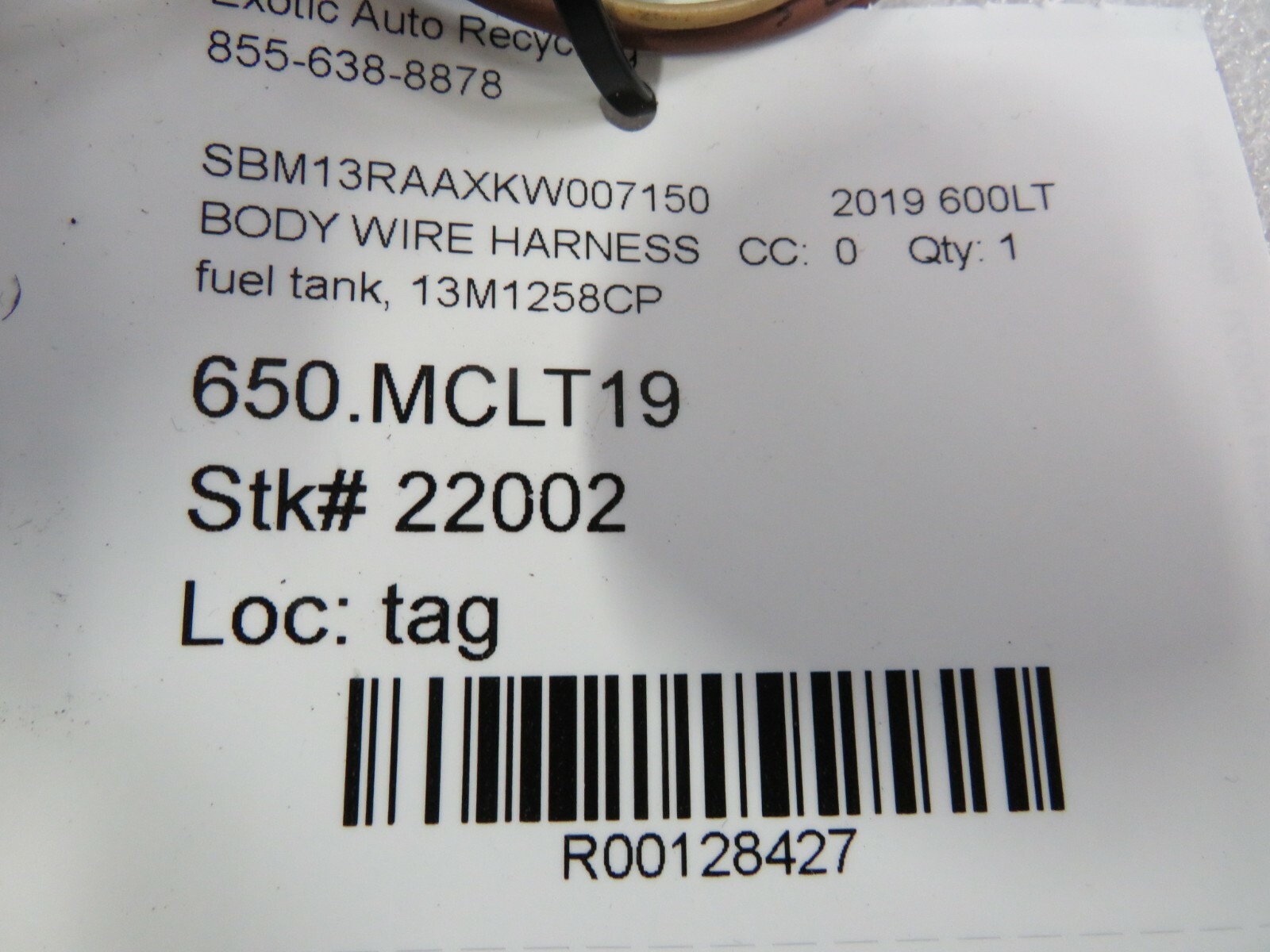 Mclaren 600LT, Fuel Tank Wire Harness, Used, P/N 13M1258CP