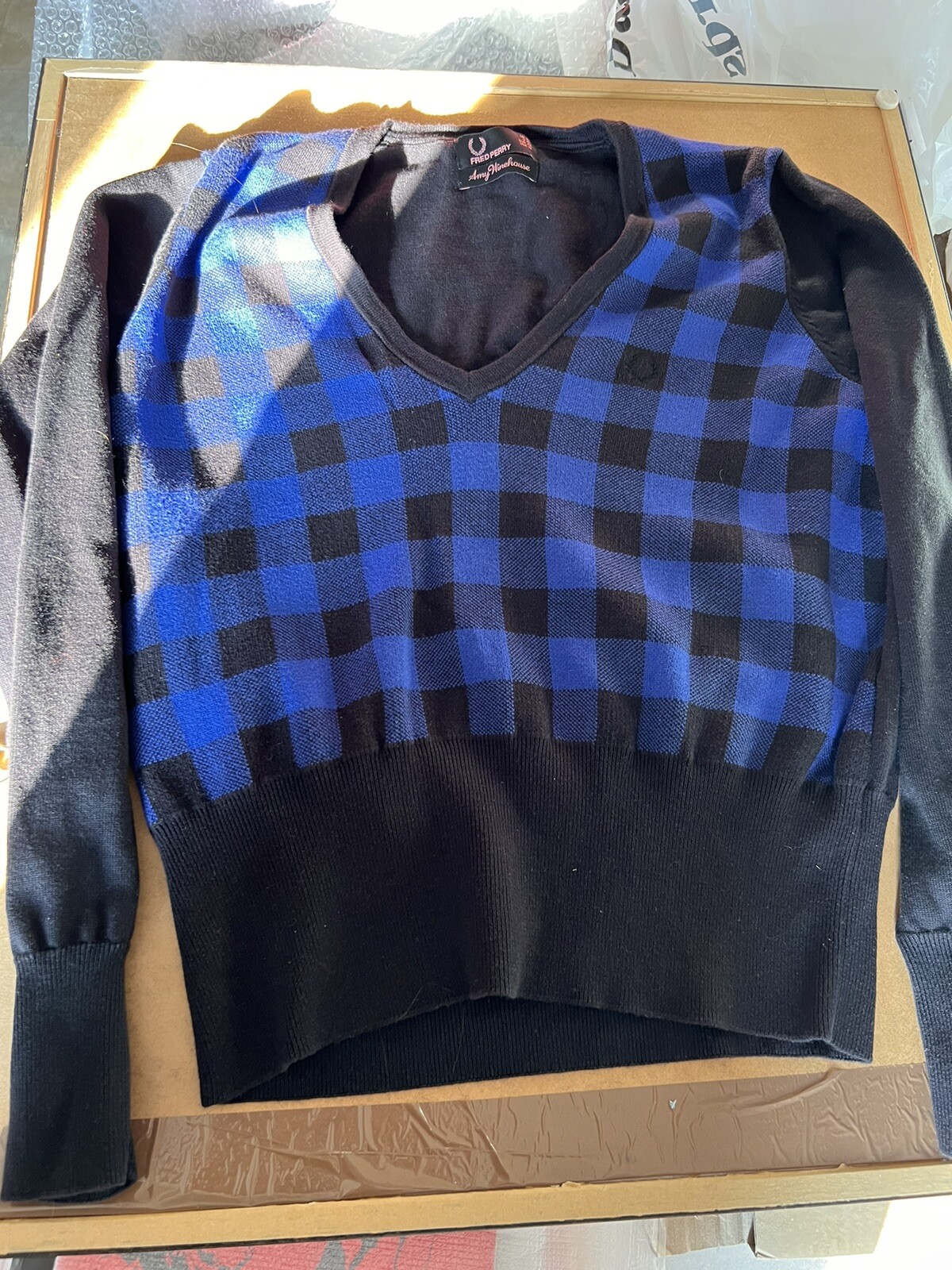 FRED PERRY x AMY WINEHOUSE Blue Black Gingham Check V Neck Boxy Crop Jumper 16