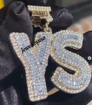 Mens 3Ct Baguette Real Moissanite Personalized Initial Letter Pendant 925 Silver