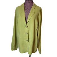 Citron Santa Monica Sz TXL Green Fan Buttons Blazer Jacket Silk Linen