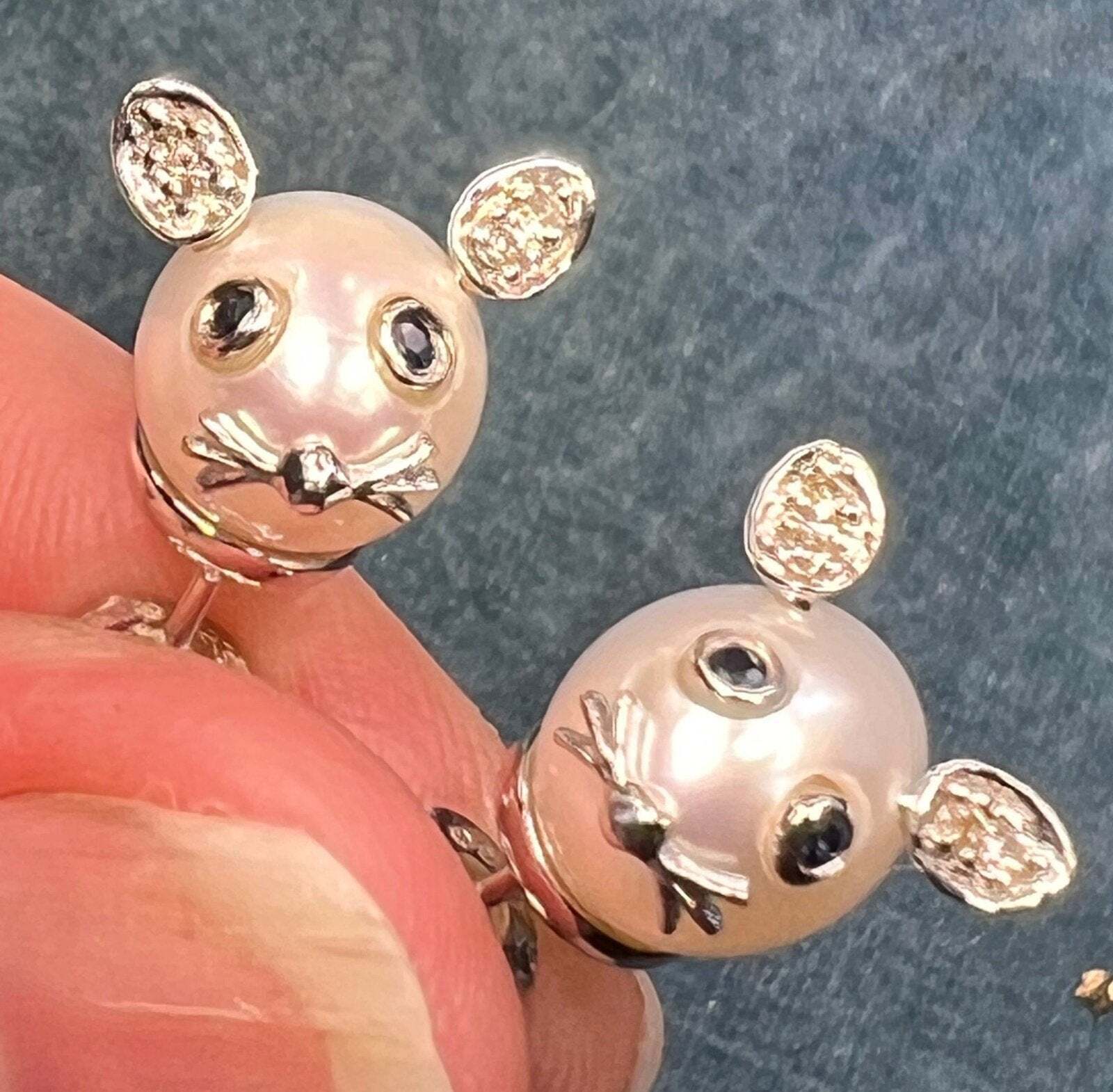 14k White Gold Pearl Mouse Earrings w Blue Sapphi… - image 3