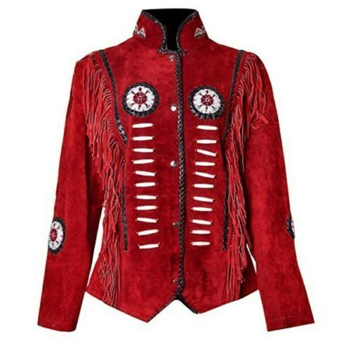 Women Suede Leather American Native Style Jacket Fringed & Beaded - Red & Black - Afbeelding 1 van 7