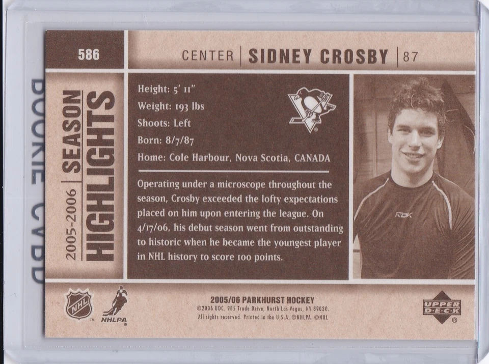 КАРТОЧКА НОВИЧКА СИДНИ КРОСБИ хоккей Pittsburgh Penguins 2005 UD PARKHURST NHL $$ RC - Изображение 2 из 2