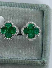Natural Emerald 2.10Ct Oval Cut Women Clover Stud Earrings 14K White Gold Plated