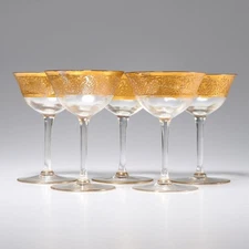 Antique Clear Gilt Gold Cordial Glasses Set of 5 Tiffin Franciscan Style Vintage