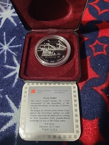1991 Canadian $1 silver proof coin showing the sailing of the Frontenac