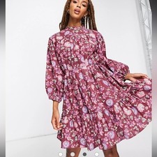 Topshop all over floral woven long sleeve babydoll mini dress in paisley 10