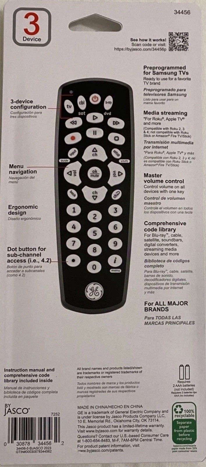 GE Programmable Universal Remote Control  3 Device  Samsung Popular Brands