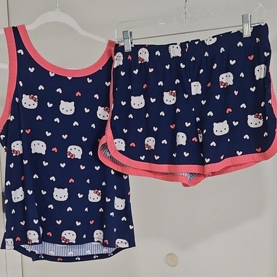 Hello K by S Women's Sleeveless Pajama Set Medium Blue Pink Hearts Knit