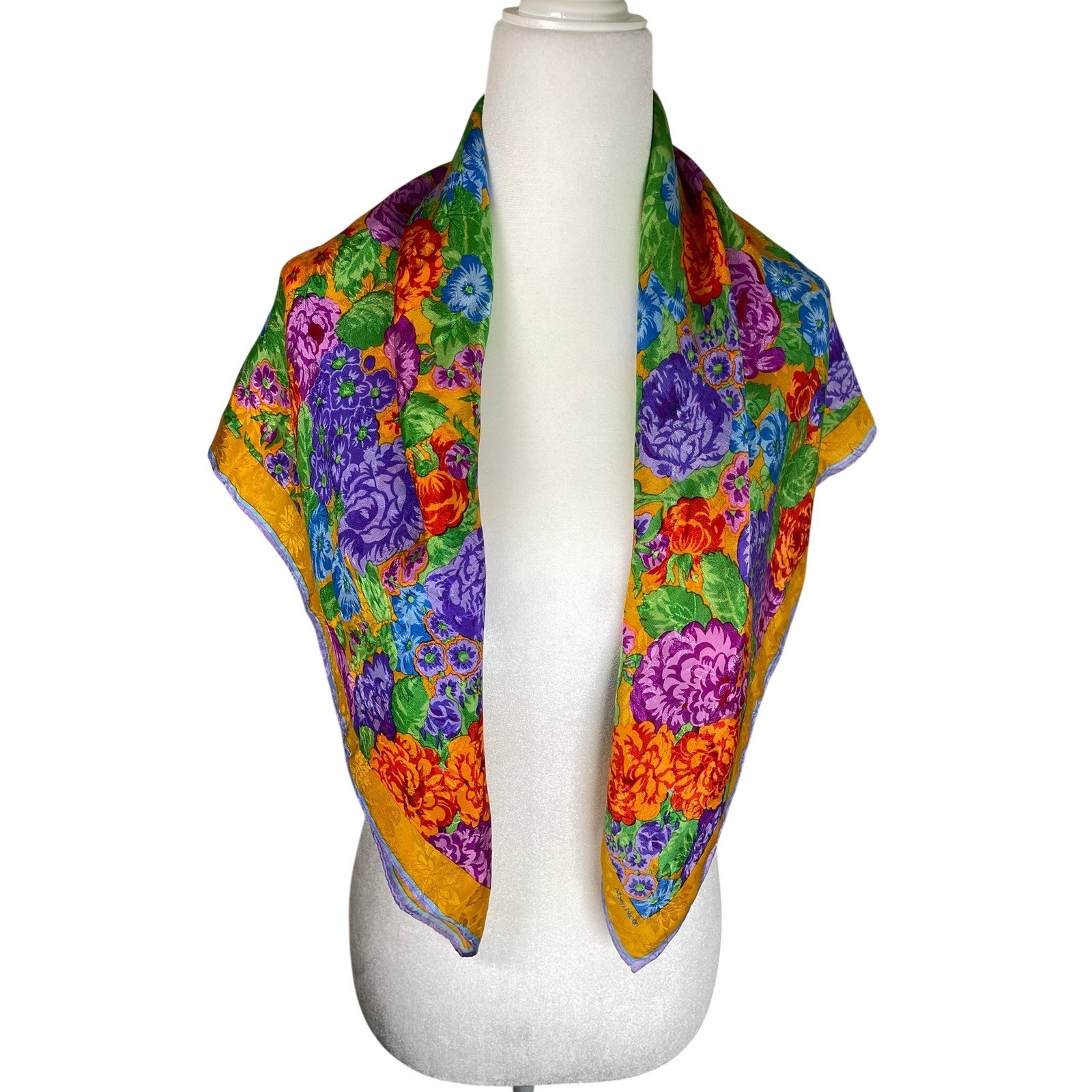 Albert Nipon Vintage Floral Jacquard Silk Square Scarf Gold Purple Hand Rolled