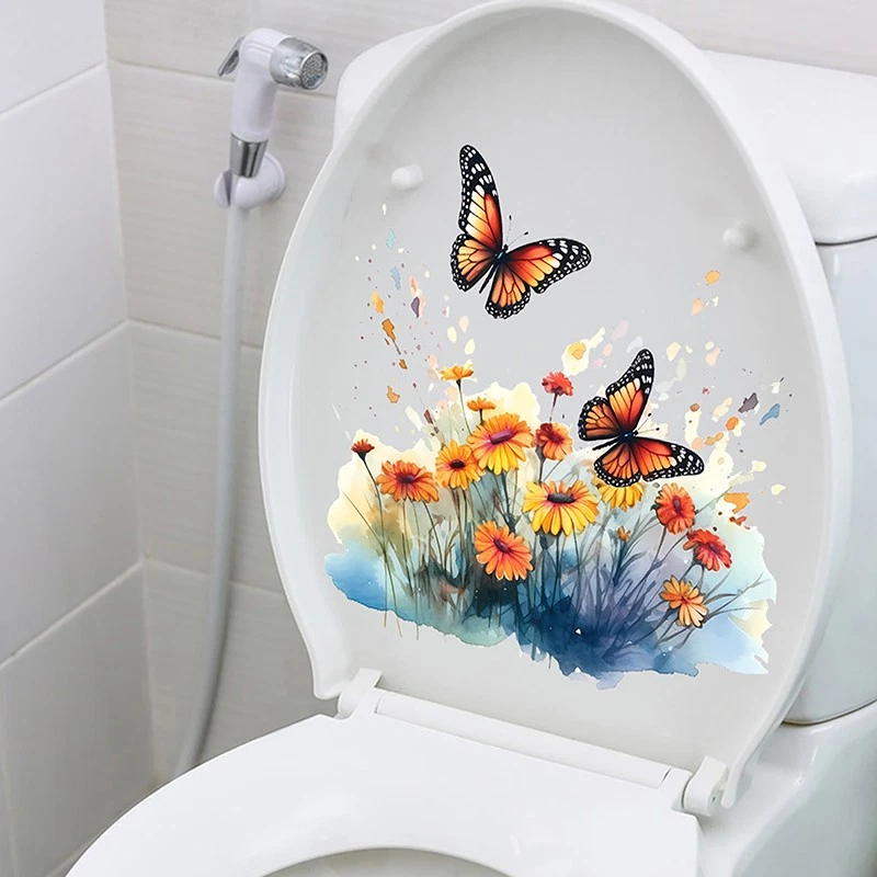 Pegatinas autoadhesivas para asiento de inodoro con flores de mariposa calcomanías adhesivas para tapa de inodoro Foto 4 de 4