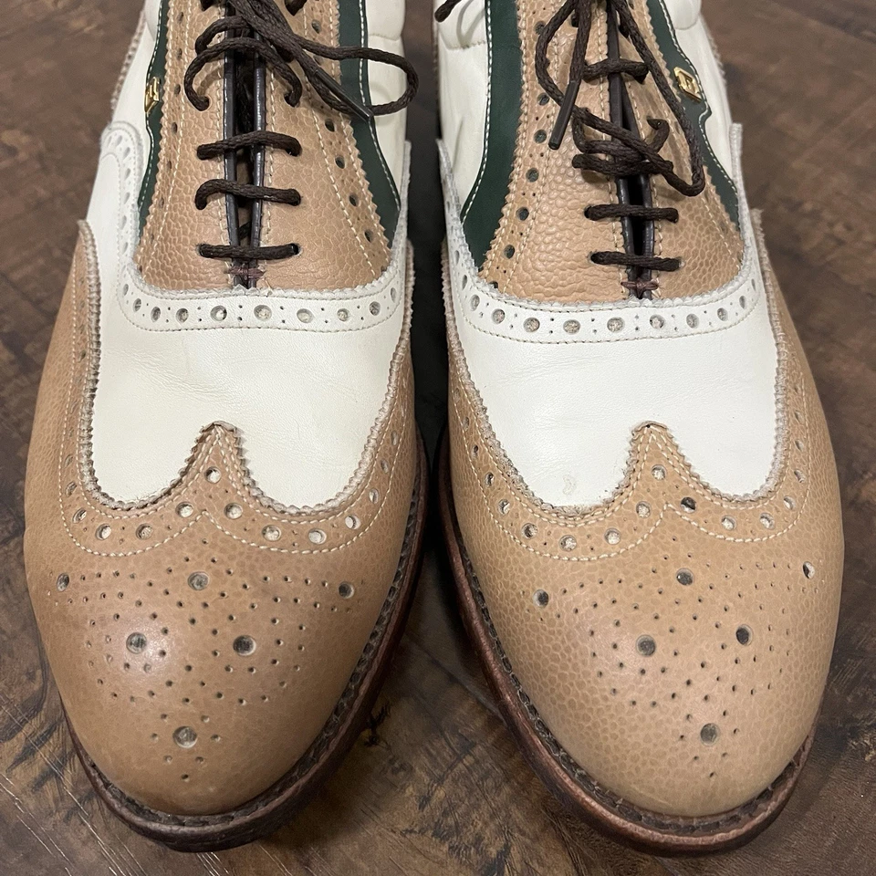 Винтажные классические туфли для гольфа Footjoy 9,5 D кожа бежевые белые наконечники крыльев #69197 - Изображение 4 из 4