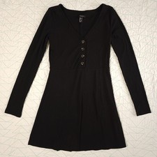 Forever 21 Black Ribbed Button V-Neck Long Sleeve Mini Dress Womens L
