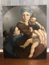 PEINTURE RELIGIEUSE, HUILE SUR TOILE, RÉENTOILÉE " VIERGE A L'ENFANT ET ANGES "