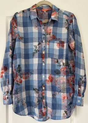 Joules Linen Button Front Shirt Womens Size 8 Jeanne Print Blue Gingham Floral