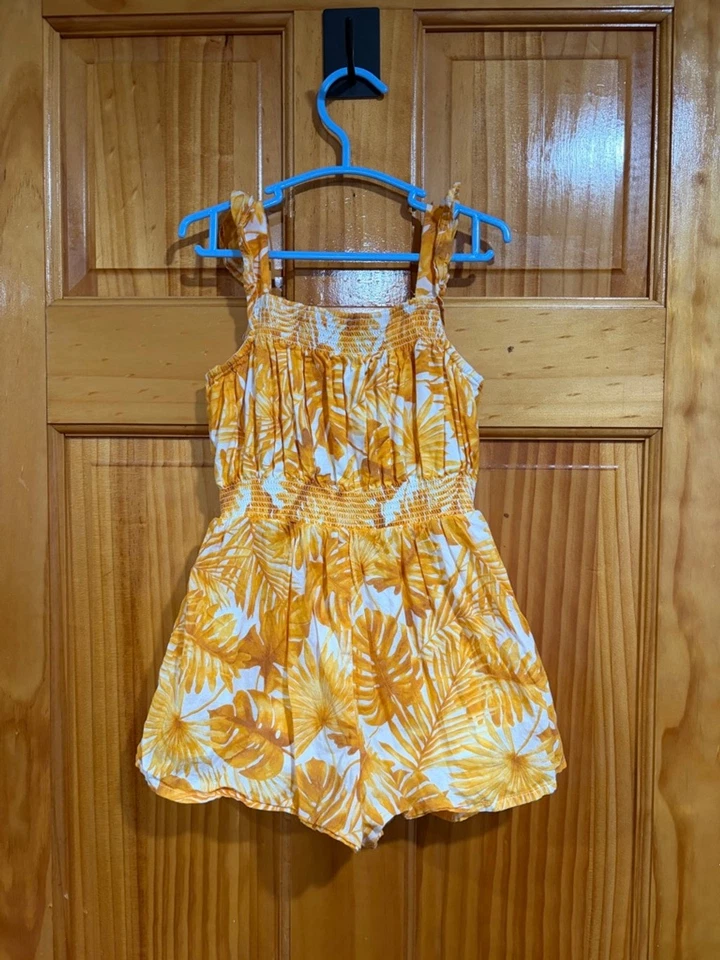 Janie & Jack Girls 4 Tropical Leaf Print Smocked Romper Yellow White Cotton Summ - Image 4 of 4