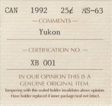 CANADA 25 CENT 1992 YUKON ICCS CERTIFIED MS-63; ID XB 001