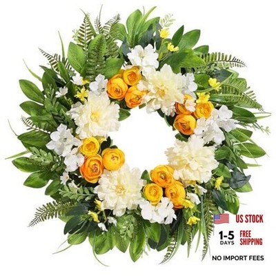 Spring Wreath for Front Door, 24 Inch Spring Wreath Floral with White&yellow