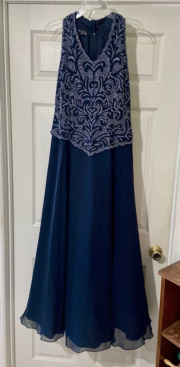 jkara navy beaded dress J Kara Women's 3 / 4 Sleeve Geo Beaded Dress Gown 1125NP size 14 dusty Blue  $299 main image 1