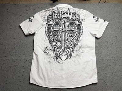 Sinister Brand Shirt Mens XL White Gothic Cross Wings Button Front Short Sleeve