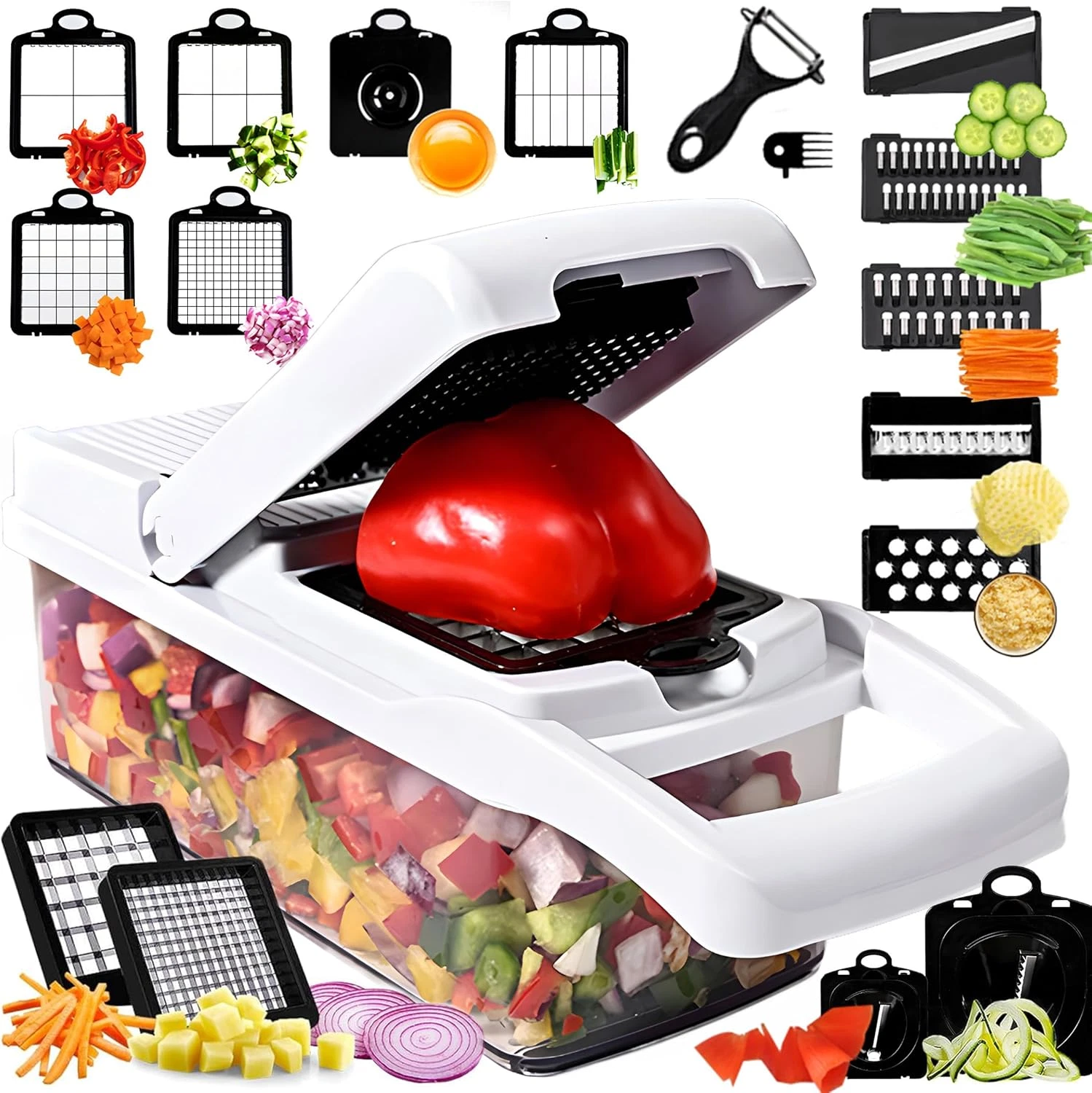 25-In-1 Vegetable Chopper with 13 Blades - Mandoline Slicer -Food Chopper W/Cont