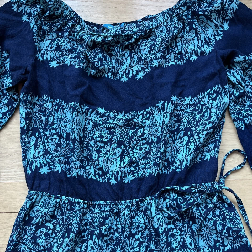 Women’s Blue Island Dress Womens Large Romper Peasant Navy Turquoise Blue Floral - Image 2 of 4
