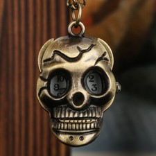 Bronze Skull Pattern Pocket Watch with Necklace Chain for Women Men Cosplay Gift