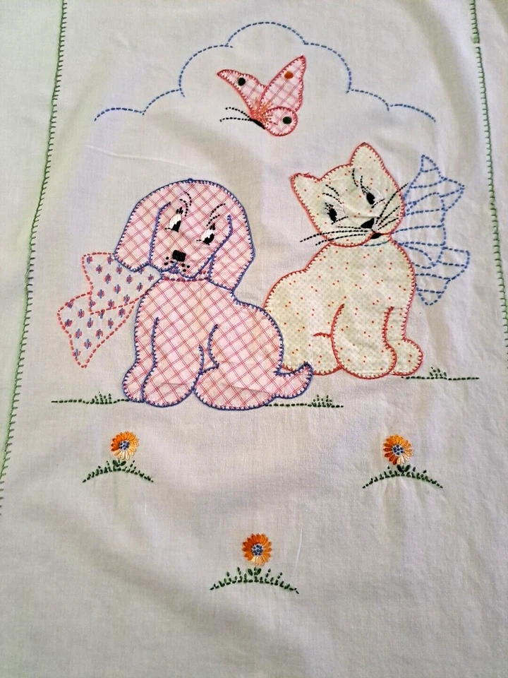 Manta cosida a mano de colección colgante de pared gato perro mariposa apliques de algodón guardería Foto 2 de 4