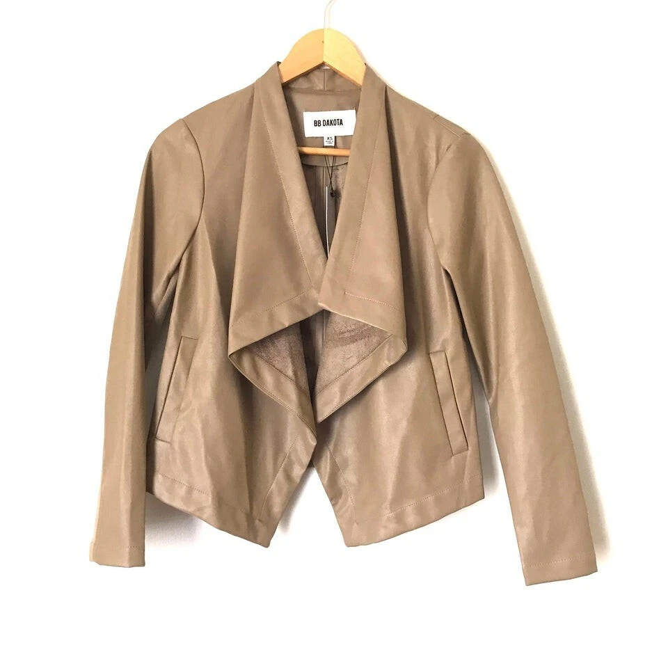 BB Dakota Women's Faux Leather Drape Front Jacket Size XS Tan