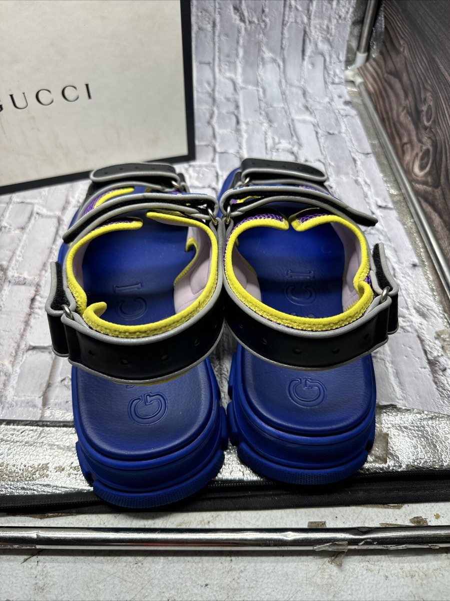 Gucci Sega Aguru Trek Leather Gladiator Men\'s Sandals Size 9 blue yellow Gucci Authentic Blue Purple Sega Aguru Sandals Logo 13G/US  main image 4